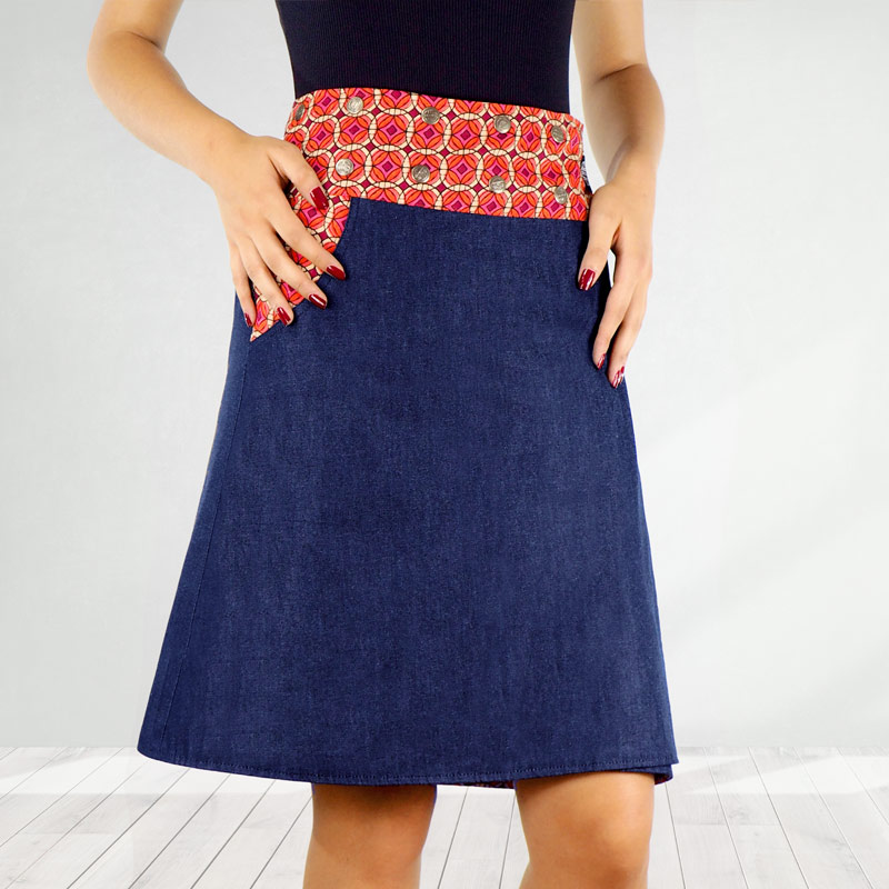 grossiste jupe jean, achat gros jupe portefeuille jean, vente b2b jean femme, vetement été femme, jupe taille unique, jupe femme, jupe boutonnée
